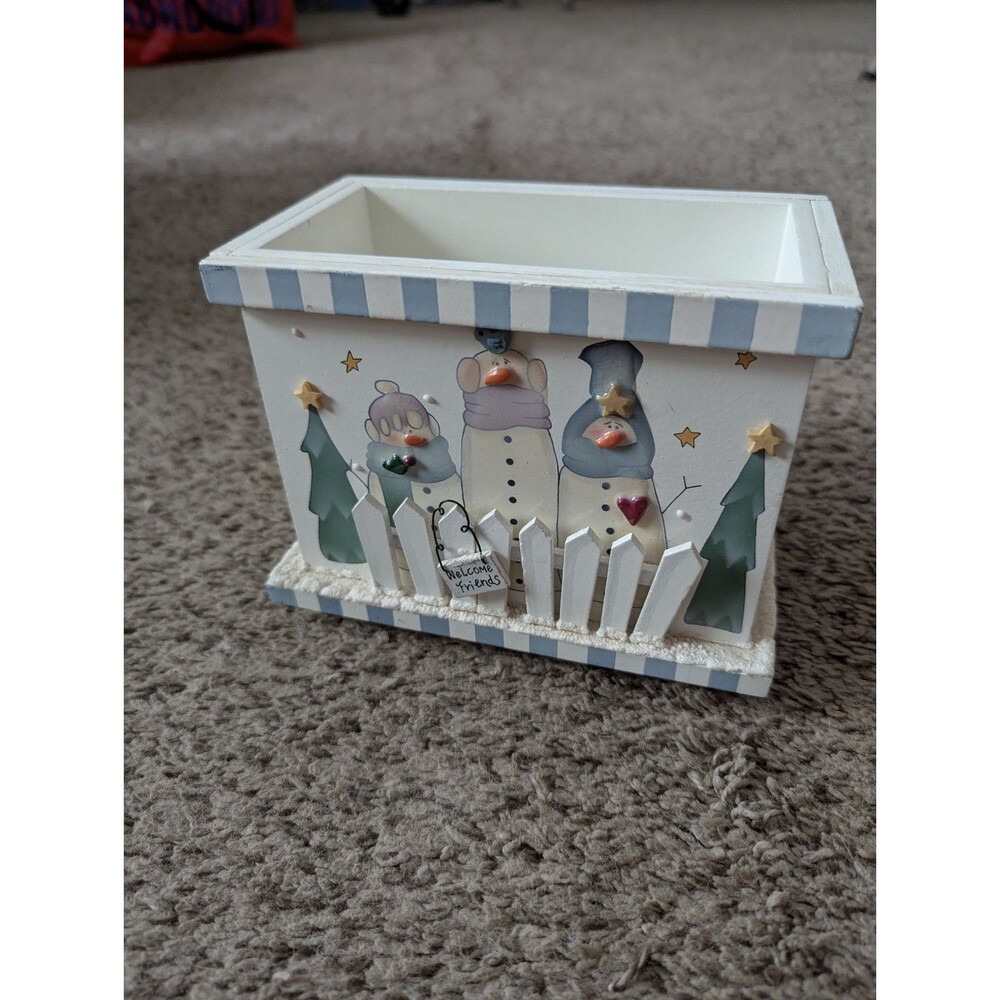 Vintage 1999 Nancye Williams Snowman Wooden Box Planter Desk Organizer